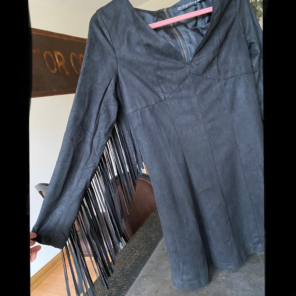 NWOT Black Suede Fringe Long Sleeve Dress from Boutique Size Small Zipper Back